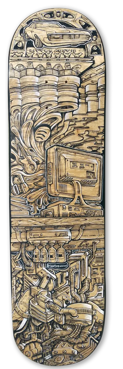 Painted skateboard deck with intricate bold linework depicting a classic car, computer, guitar, and complex machinery