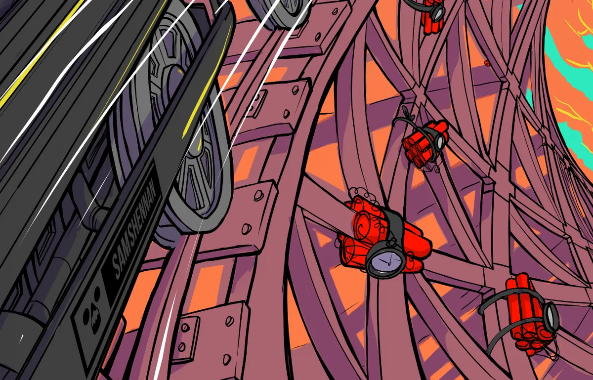 Illustration of a vehicle speeding on a wooden track rigged with timed red dynamite against an orange sky