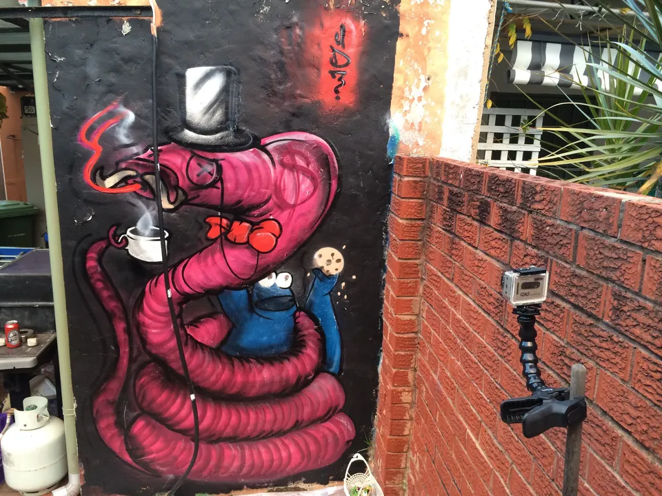 Graffiti mural: pink worm in top hat & monocle with dollar sign, constricting blue Cookie Monster holding a cookie