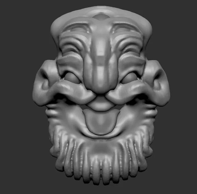 Grey 3D sculpt of a symmetrical, smiling shaman face with a wide open mouth and beard