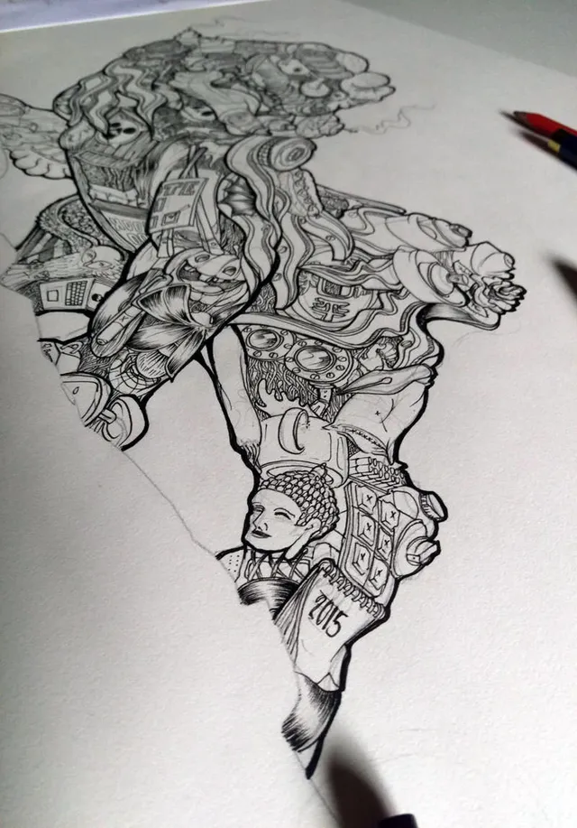Close up of intricate ink illustration of Kominaku