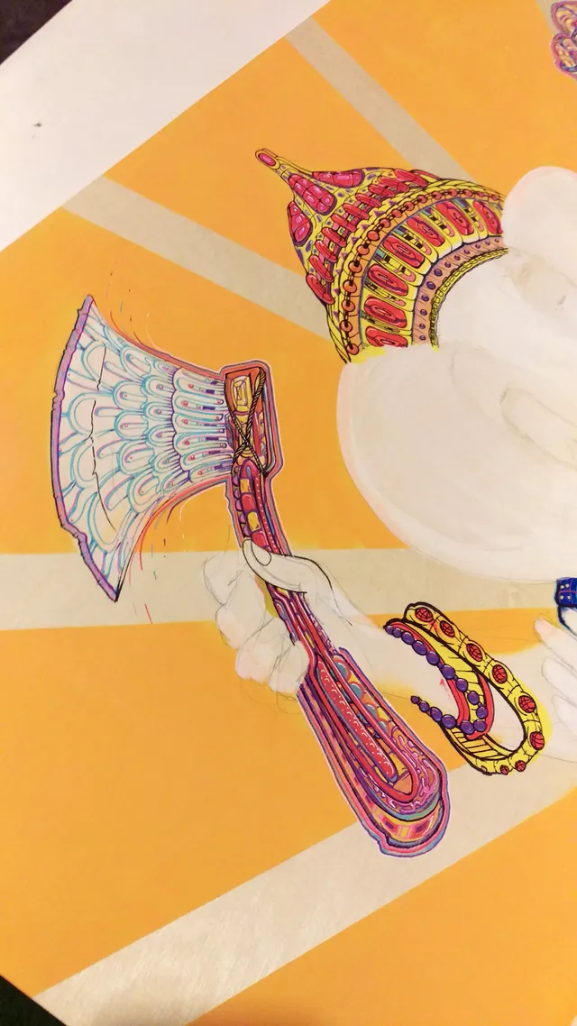 Axe and crown process painting